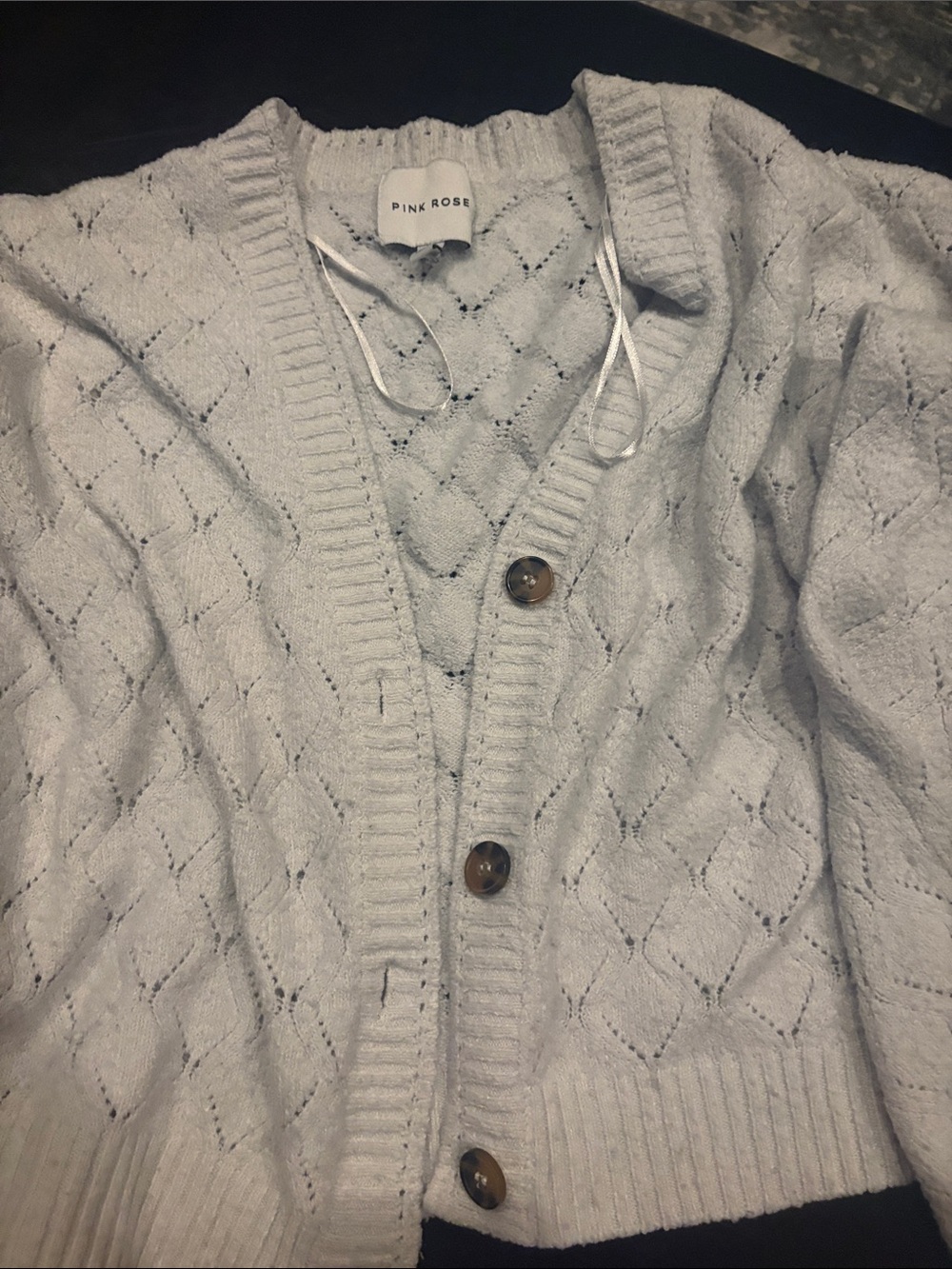 Pink Rose Light Gray Openwork Knit Cardigan with Tortoiseshell Buttons
